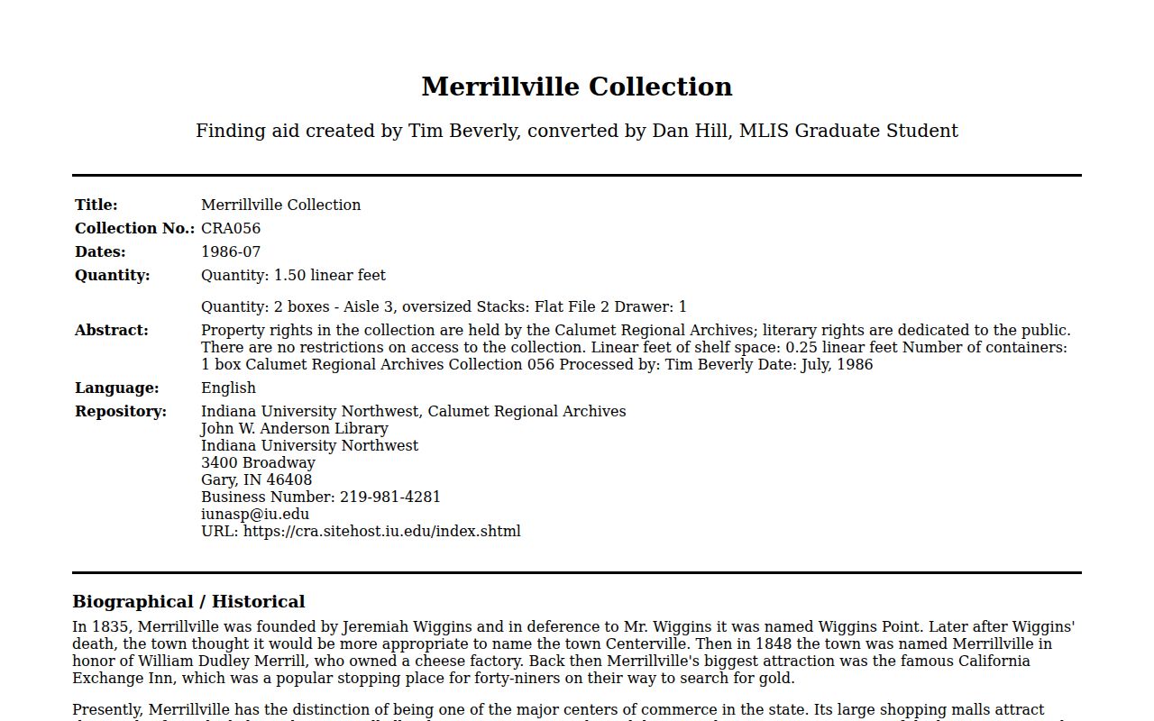 IU Northwest CRA056 Merrillville archival collection finding aid