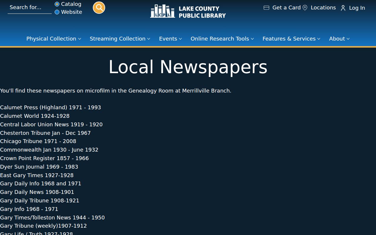 Lake County Public Library local newspaper holdings including the Merrillville Herald