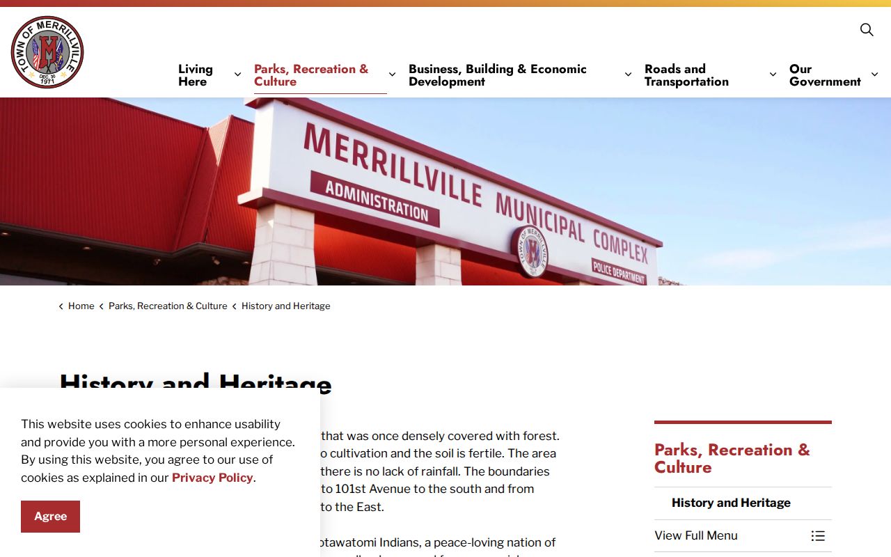 Town of Merrillville history and heritage page with settlement and civic history