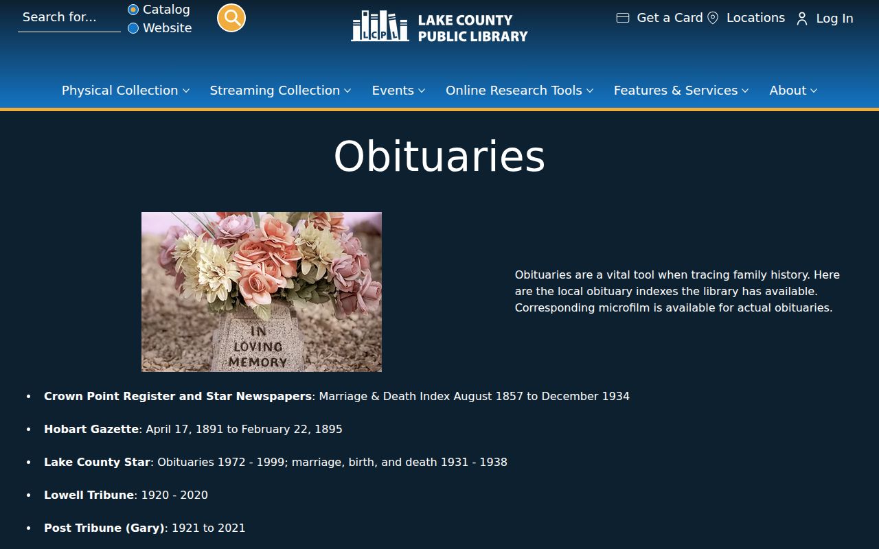 Merrillville previous residents LCPL obituary index