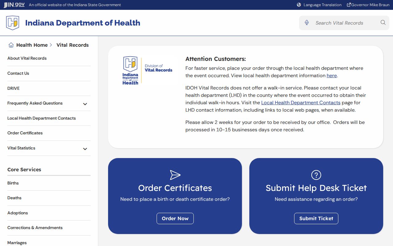 Indiana Department of Health vital records page for Merrillville family-record requests