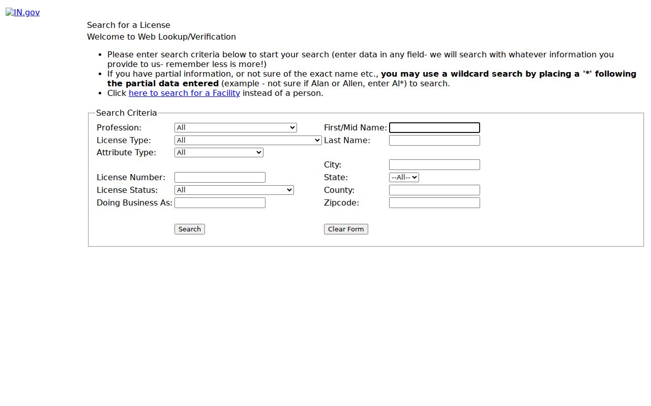 Indiana professional license verification form with Merrillville search fields