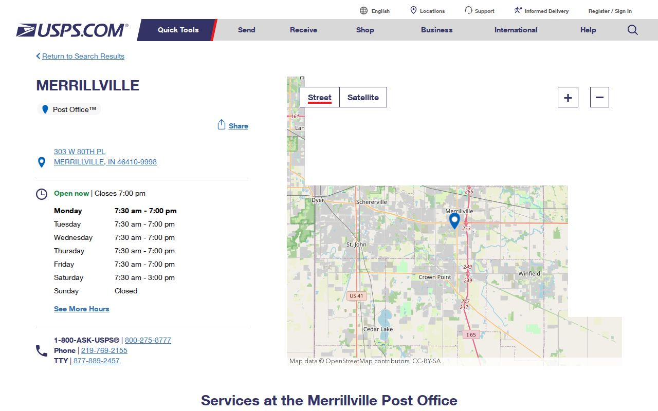 USPS location page for the Merrillville Indiana Post Office