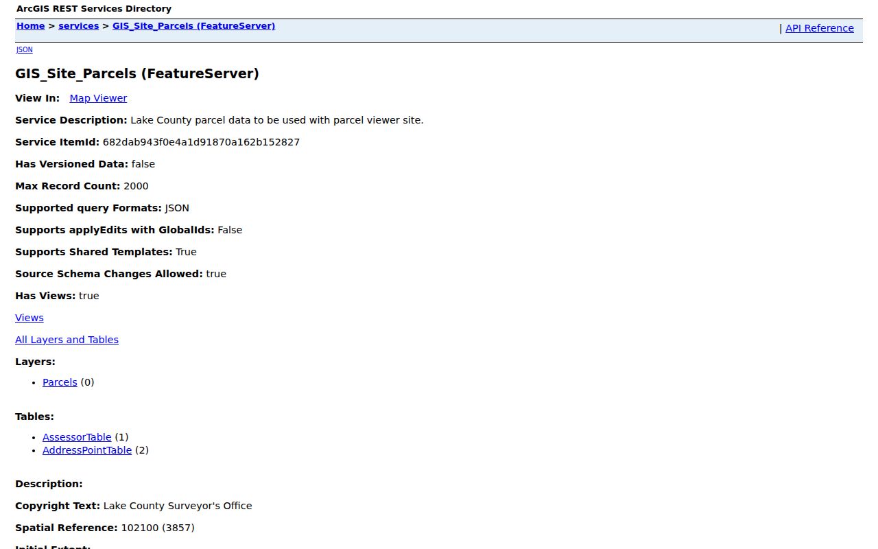 Lake County GIS parcel service fields used to compare Merrillville ZIP and locality data